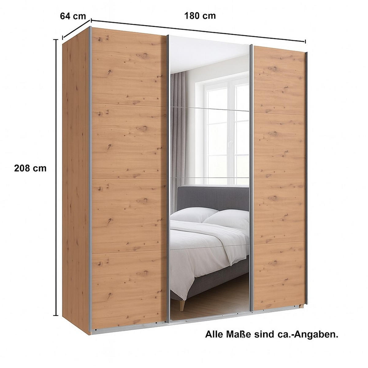 SCHWEBETÜRENSCHRANK 3-türig in Eichendekor, eine Tür mit Spiegel, B180/H208/T64 cm / 22513 - Eichefarben/Alufarben, Holzwerkstoff/Metall (180/208/64cm) - luma-home