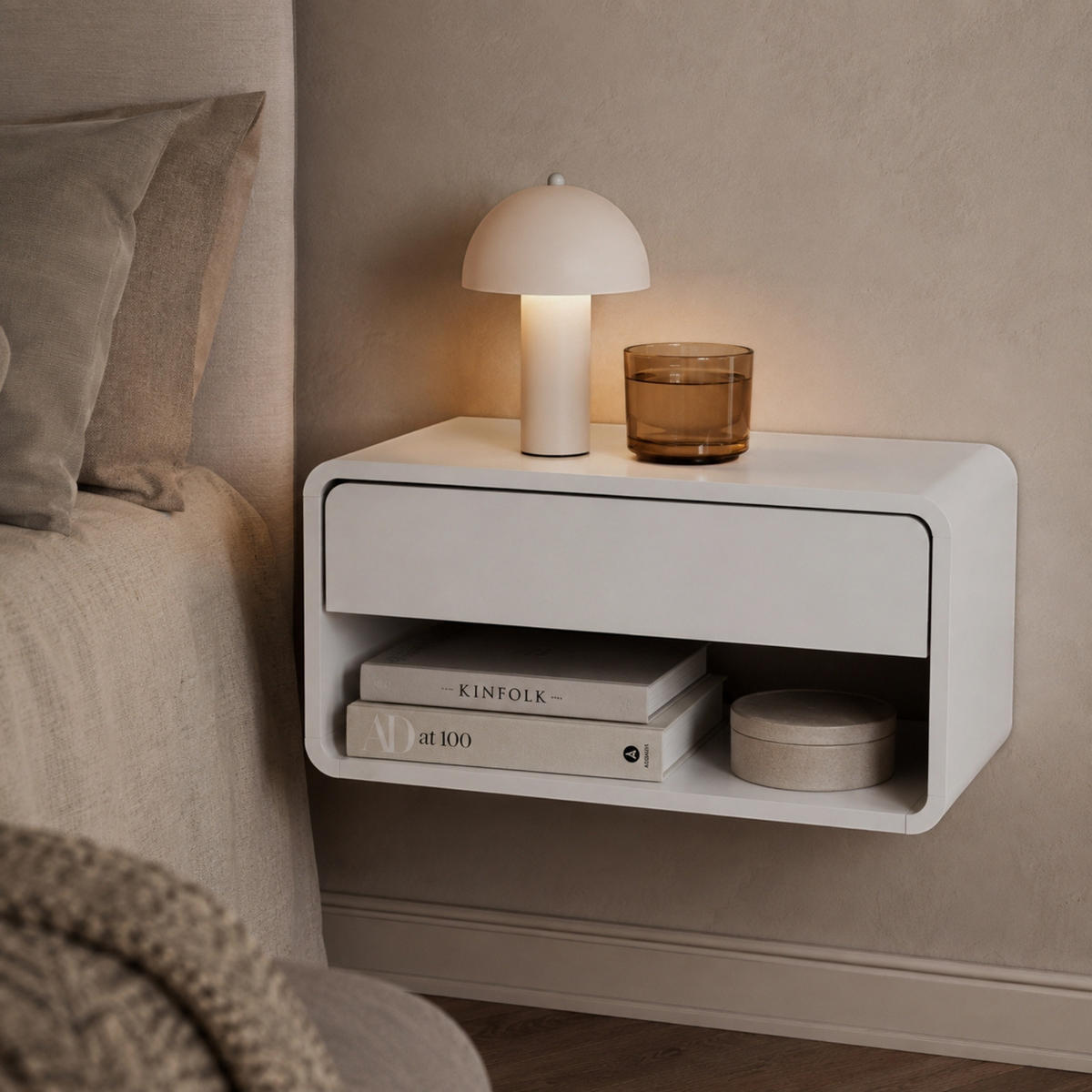 WAND-NACHTTISCH mit Schublade und Regal 46/25/21 cm - Weiß, Holzwerkstoff (25/21/46cm) - SCENA LIVING