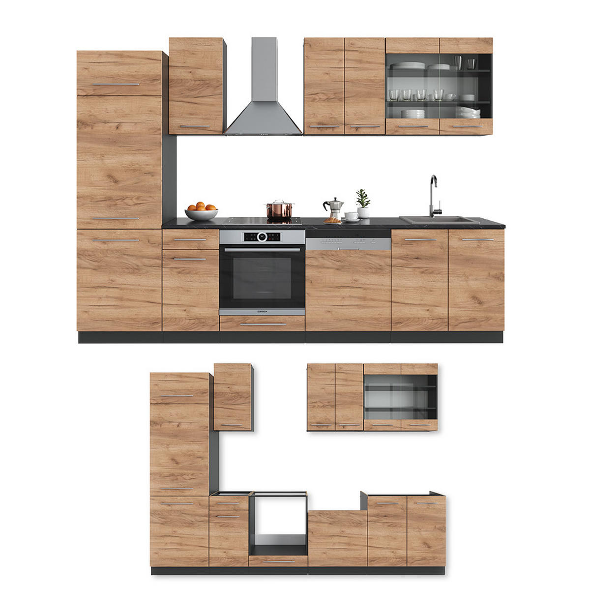 KÜCHENZEILE Fame-Line Goldkraft Eiche/Anthrazit 300 cm ohne AP - Honigeiche/Anthrazit, Holzwerkstoff (300/81.6/46cm) - Vicco