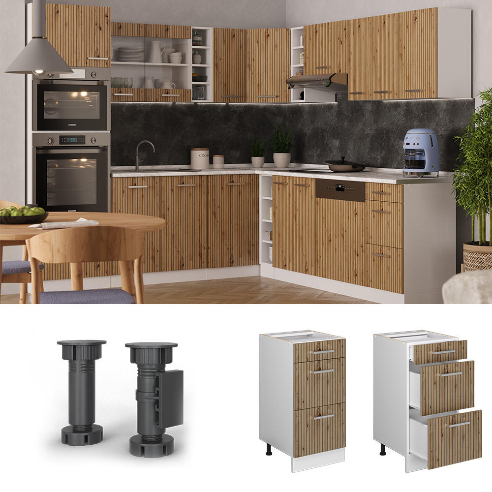 Thumbnail - Vicco Küchenunterschrank, Eiche Artisan, Weiß, Holzwerkstoff, 3 Fächer, 3 Schubladen, Rechteckig, 40x81.6x60 cm, Küchen,...