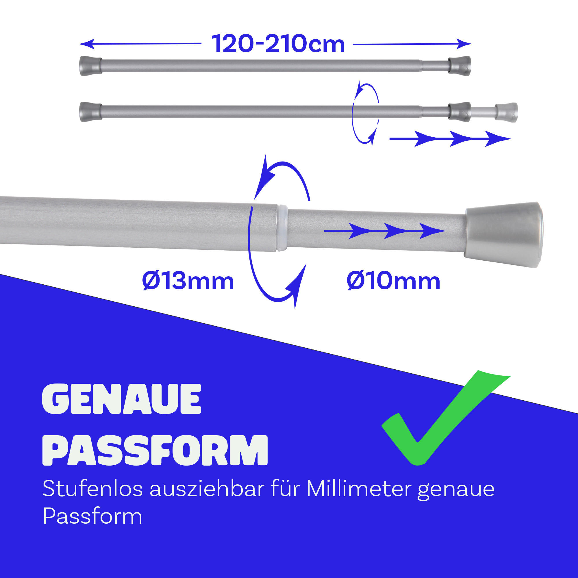 VERSTELLBARE Vorhangstange - Spannstange zum Klemmen Silber Ø10/13 mm 120-210 cm - Silberfarben, Metall (120cm) - Bestlivings