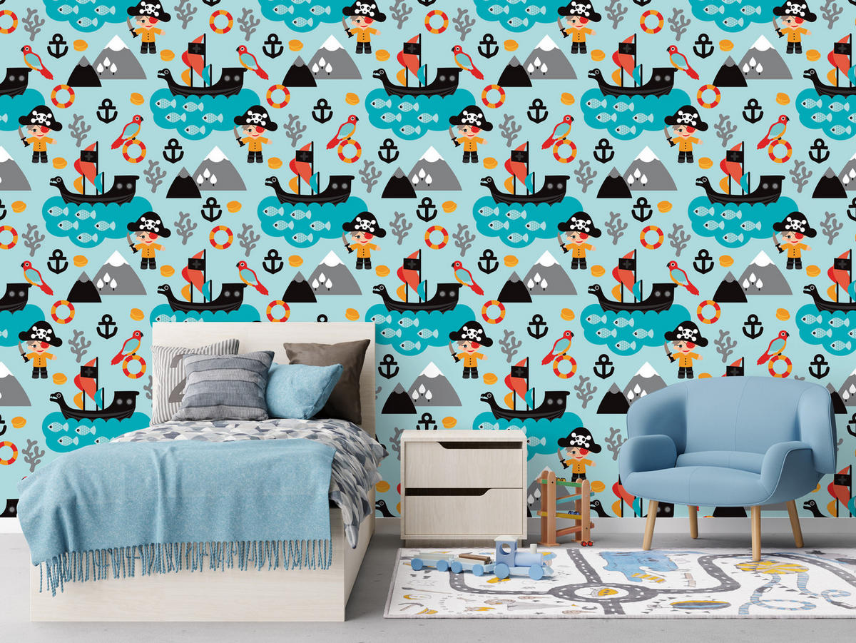 VLIESTAPETE Piraten, Schiffe und Meer – Türkis, Bunt – 50x1000 cm - Türkis/Multicolor, Papier (50/1000cm) - Muralo