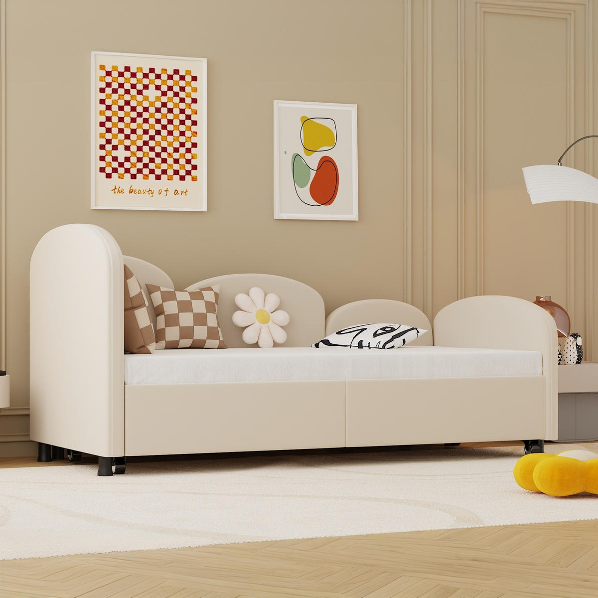 KINDERBETT in Blütenform mit Schublade 90x200 cm Samt Beige - Beige, Metall (90/200cm) - Meubliv