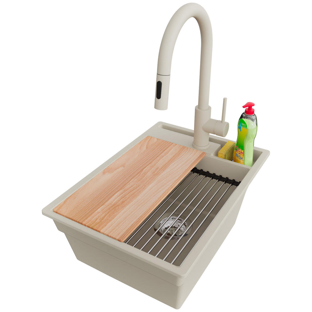 GRANITSPÜLE Oslo Pocket, 2-er set Beige 38/53 cm 1 Becken + Küchenarmatur 40/20 cm + Ablauf-Set + Küchenzubehörset ab 40er Unterschrank - Chromfarben/Beige, Kunststoff (38/20/53cm) - Primagran