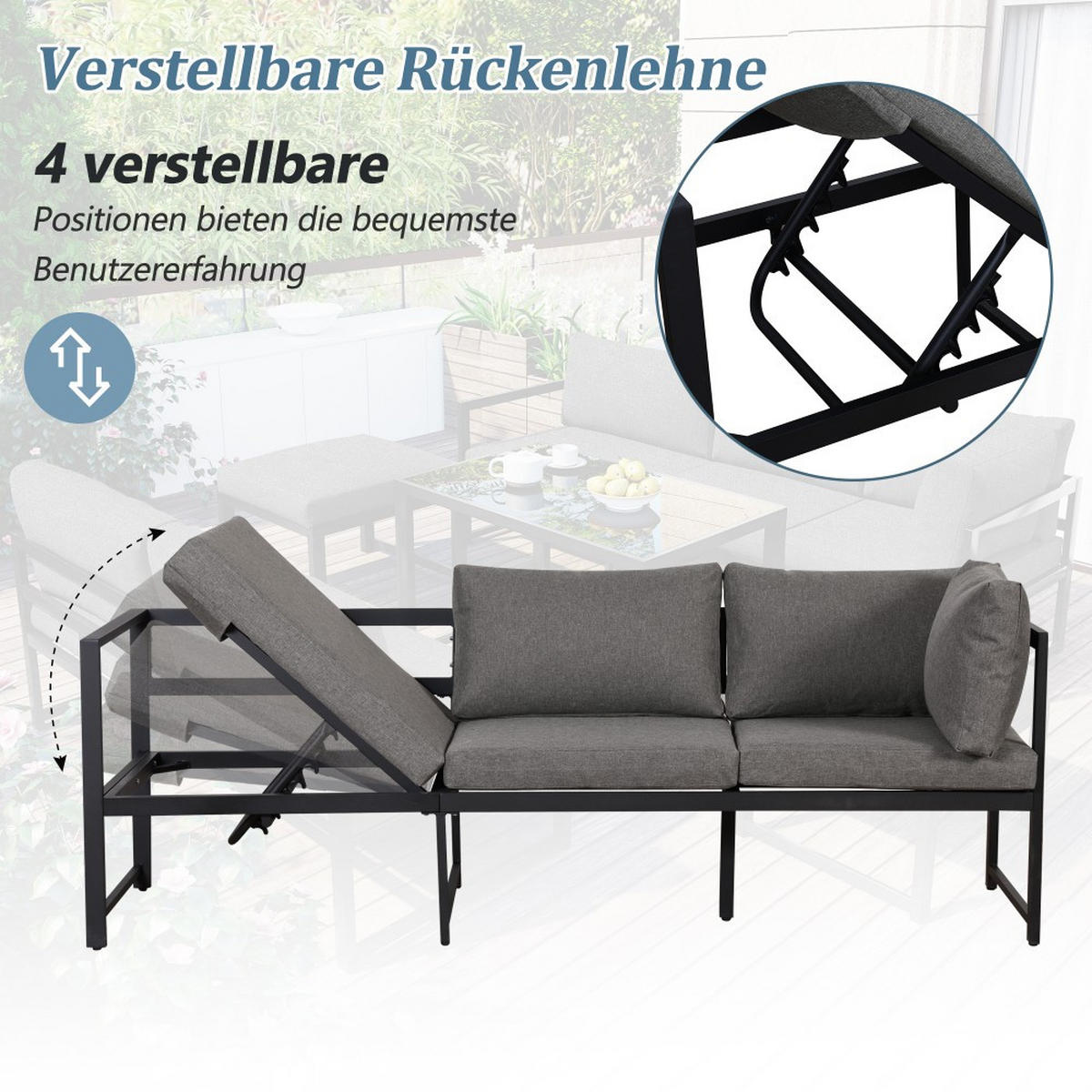 GARTENLOUNGE-SET mit Liegefunktion, Grau - Grau, Metall - KOMHTOM