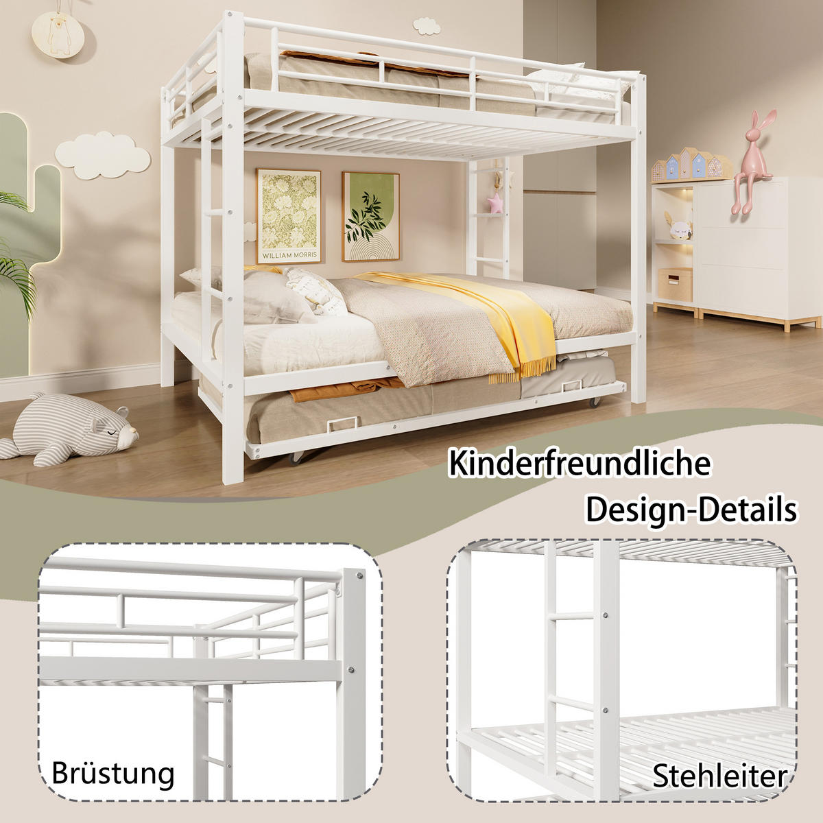 ETAGENBETT 140x200cm Weiß Metall Ausziehbett hohe Geländer - Weiß, Metall (140/200cm) - FLIEKS