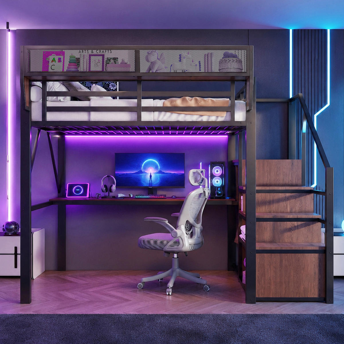 HOCHBETT 140/200 cm DE-32583 mit Schreibtisch, LED und Stauraum Schwarz - Schwarz, Metall (140/200cm) - ComfortXL