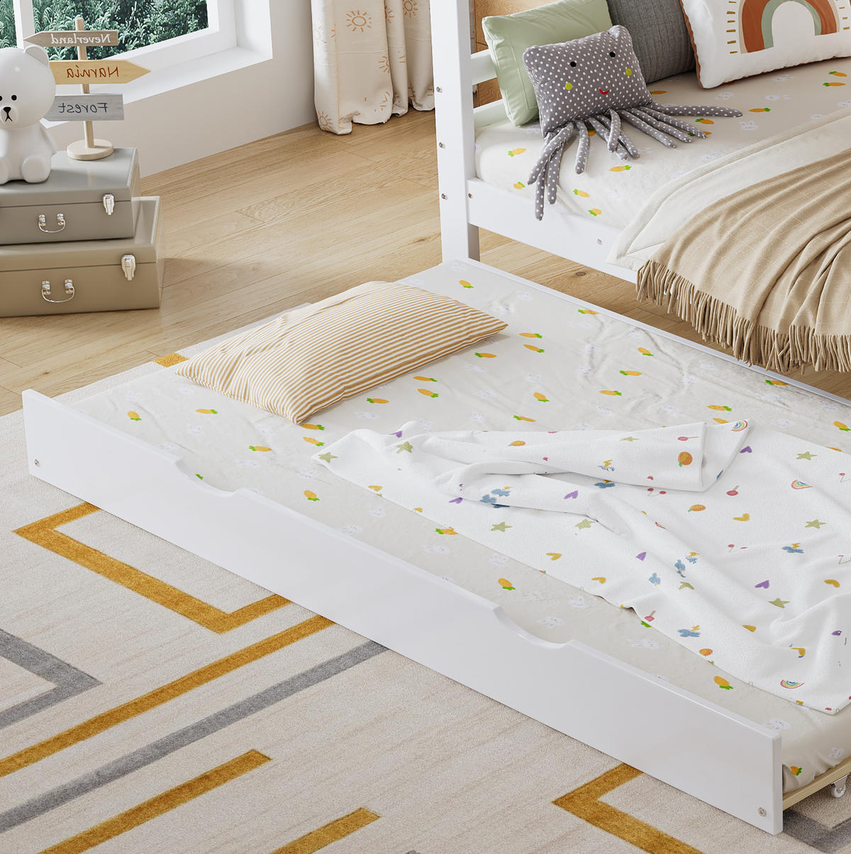 ETAGENBETT mit ausziehbarem Bett, Regalfach und 4-stufiger Leiter, Weiß, 90/200 cm - Weiß, Holz (90/200cm) - MIVRAY