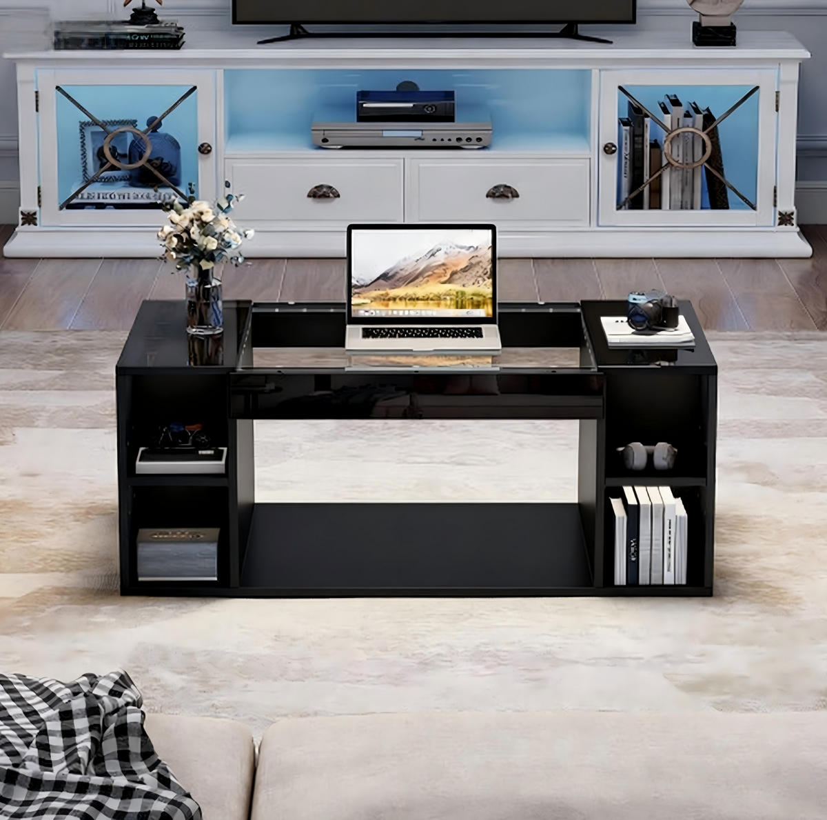 COUCHTISCH 100/50/40 cm mit LED-Beleuchtung, offener Ablage und Glasplatte, Schwarz - Schwarz, Holzwerkstoff (100/50/40cm) - Redom