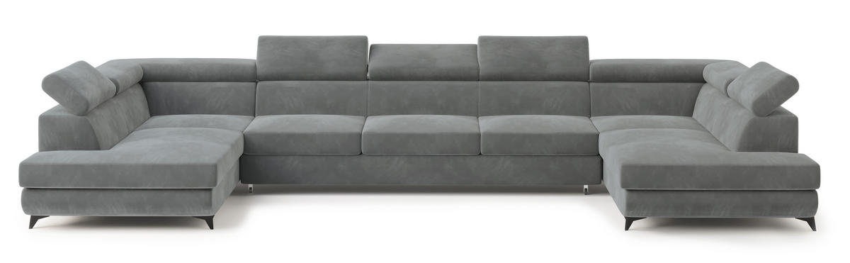 WOHNLANDSCHAFT URMANO Grau Velours-Stoff mit Schlaffunktion - Grau, Holz (395/89/190cm) - MASSENO