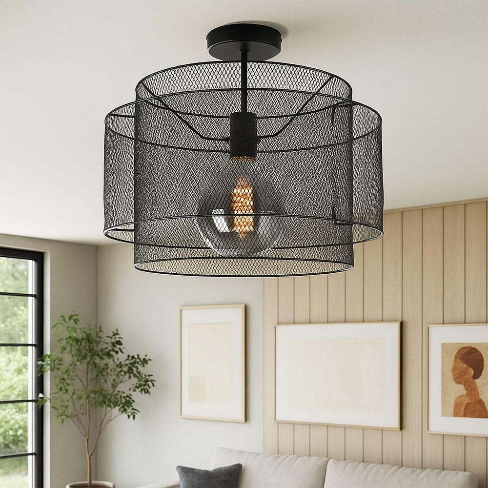 DECKENLEUCHTE Metall Schwarz Rund Gitteroptik - Schwarz, Metall (40/40/35cm) - Globo Lighting