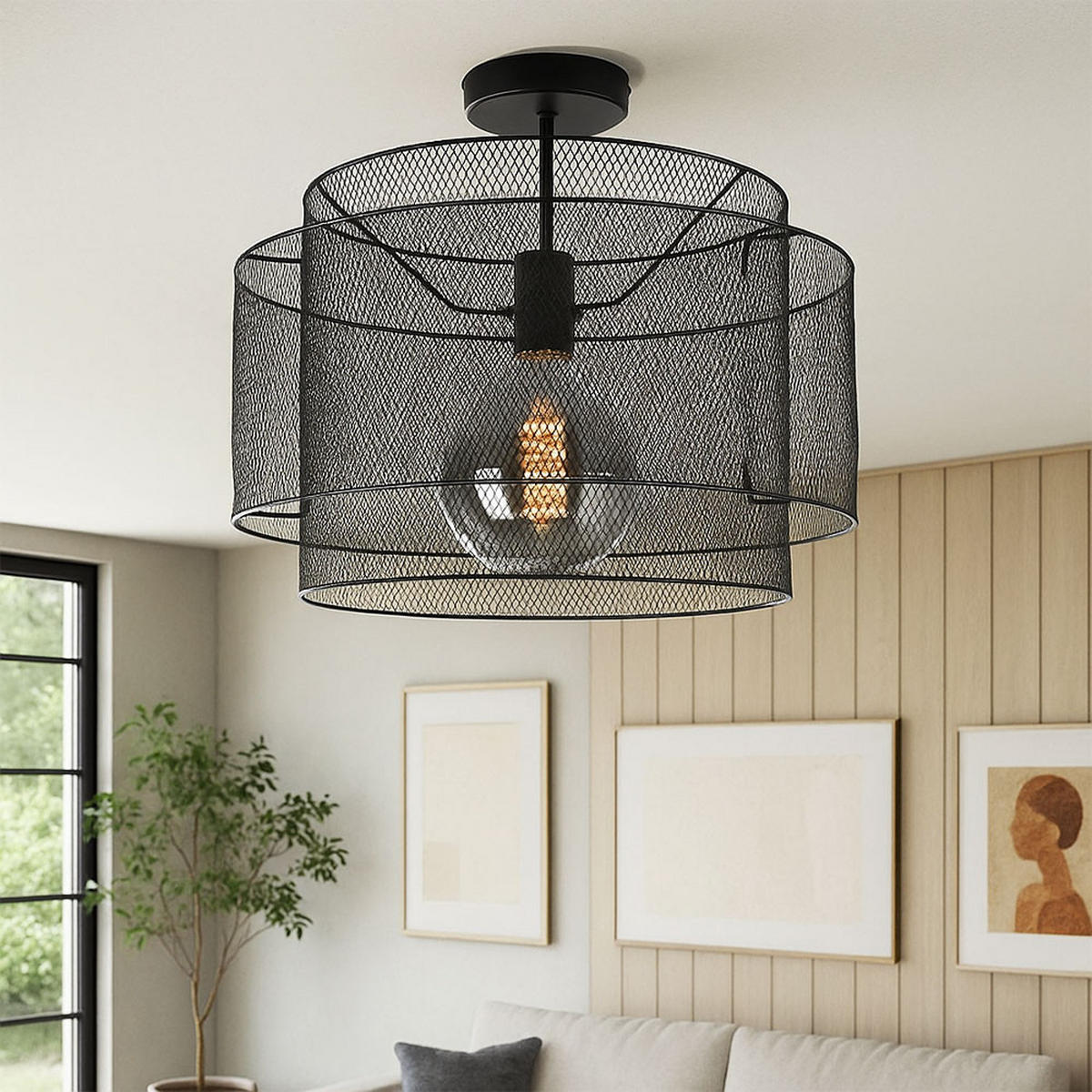 DECKENLEUCHTE Metall Schwarz Rund Gitteroptik - Schwarz, Metall (40/40/35cm) - Globo Lighting