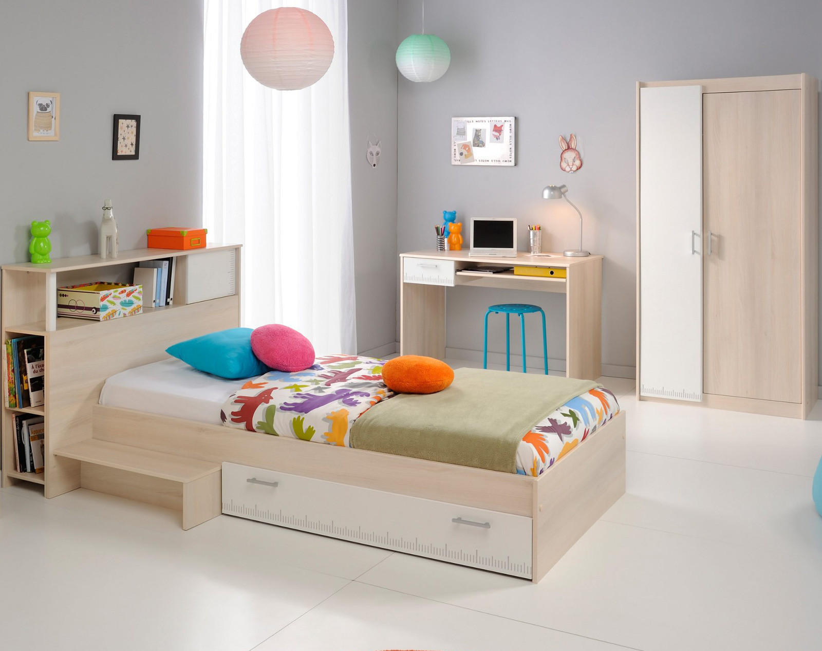 KINDERZIMMER Jugendzimmer Komplett-Set 5-tlg. Kleiderschrank Schreibtisch Bett 90x200 - Silberfarben/Weiß, Holz/Holzwerkstoff (203/180/123cm) - Parisot Meuble