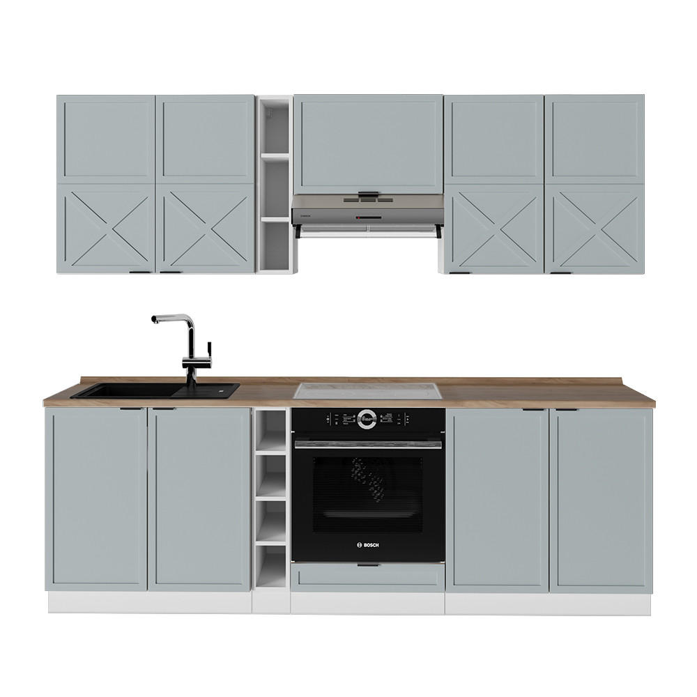 KÜCHENZEILE Fame-Line Hellblau-grau/Weiß 235 cm, AP Eiche - Blaugrau/Weiß, Holzwerkstoff (235/81.6/60cm) - Vicco