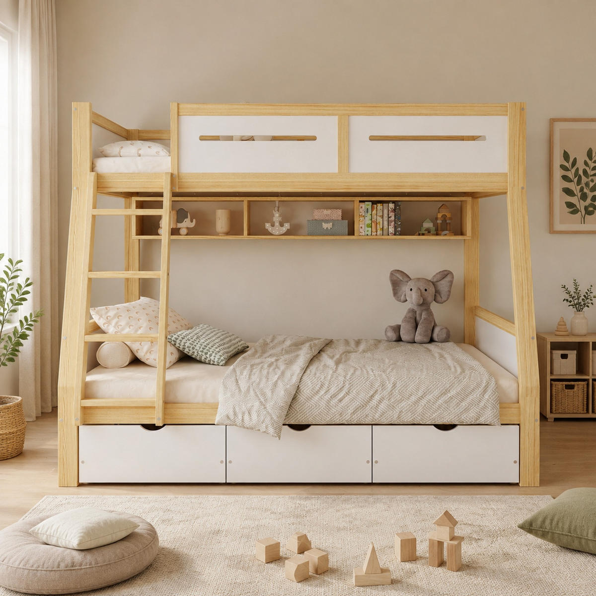 ETAGENBETT 90/200+120/200 mit Schubladen, Bücherregal und Leiter in Weiß und Natur - Weiß/Naturfarben, Holzwerkstoff (90/200cm) - EVRYAE