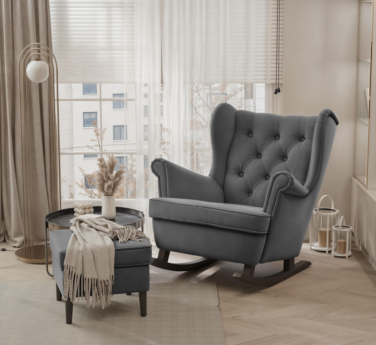 SCHAUKELSESSEL SCANDI Holzfüße, Samt Graphit - Dunkelgrau, Holz/Textil (75/97/60cm) - Idohome