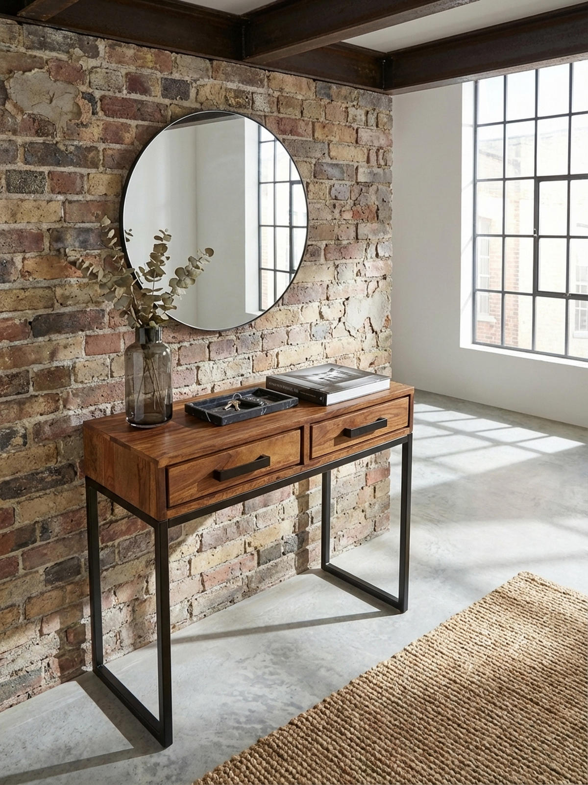 KONSOLENTISCH – Massivholz/Metall, schwarz, mit Schubladen, Industrial-Stil - Schwarz/Braun, Holz/Metall (36/90/77cm) - KADIMA DESIGN