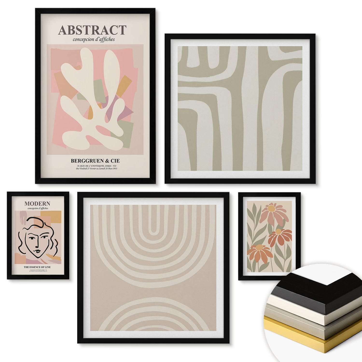 WANDBILDER 5er-Set - 50x50 cm & 20x30 cm & 40x60 cm Schwarzer Rahmen - Abstrakte Pflanzenformen - Schwarz, Kunststoff (40/60cm) - ArtPrintCave