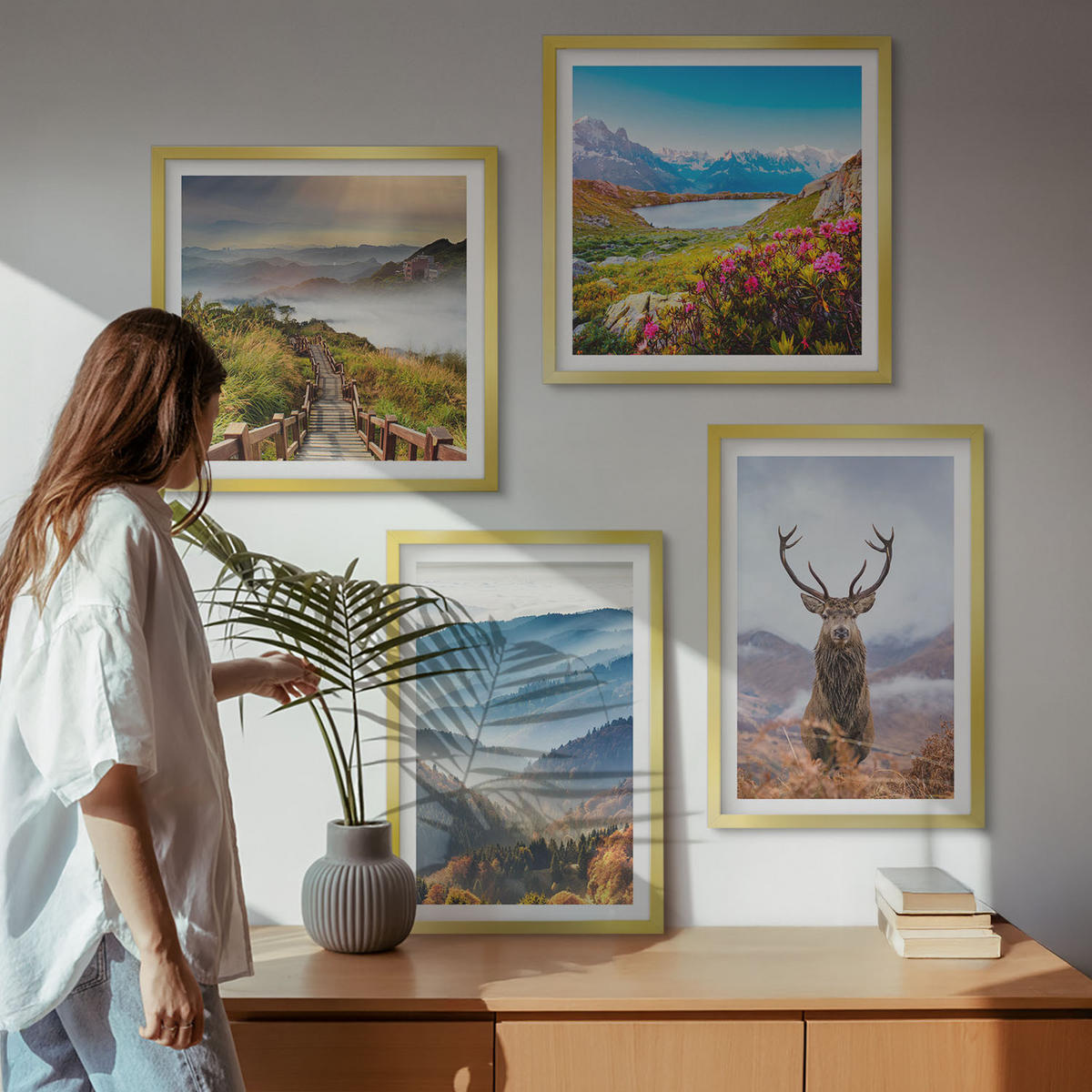 WANDBILDER 4er Set - 50x50 cm & 40x60 cm Goldrahmen - Berglandschaft, See, Hirsche - Goldfarben, Kunststoff (50/50cm) - ArtPrintCave