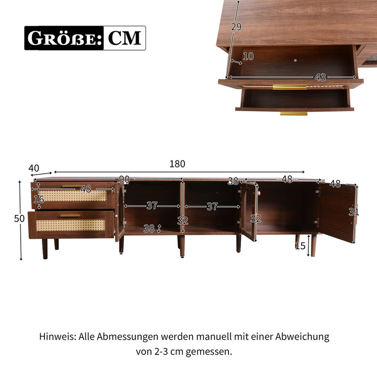 TV-SCHRANK 180cm Braun Rattan Glastüren LED-Beleuchtung bis 80 Zoll - Braun, Holz (40/50/180cm) - FLIEKS