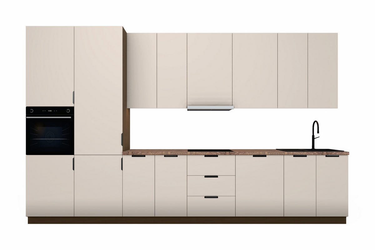 KÜCHENZEILE Sorento Beige – 400 cm – K73-G400 L – mit Vorrats-Hochschrank - Beige/Schwarz, Holzwerkstoff/Metall (400/247/58cm) - ROYAL24_MARKT