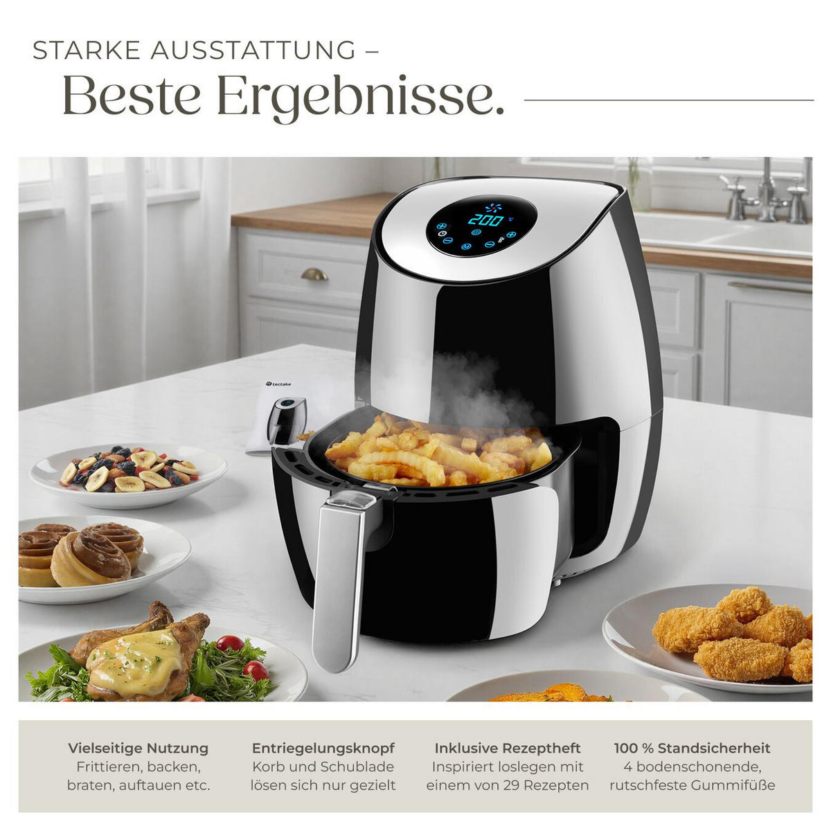 HEISSLUFTFRITTEUSE Mitch, inklusive Rezeptheft, schwarz - Schwarz, Metall (32/31.5/26cm) - tectake