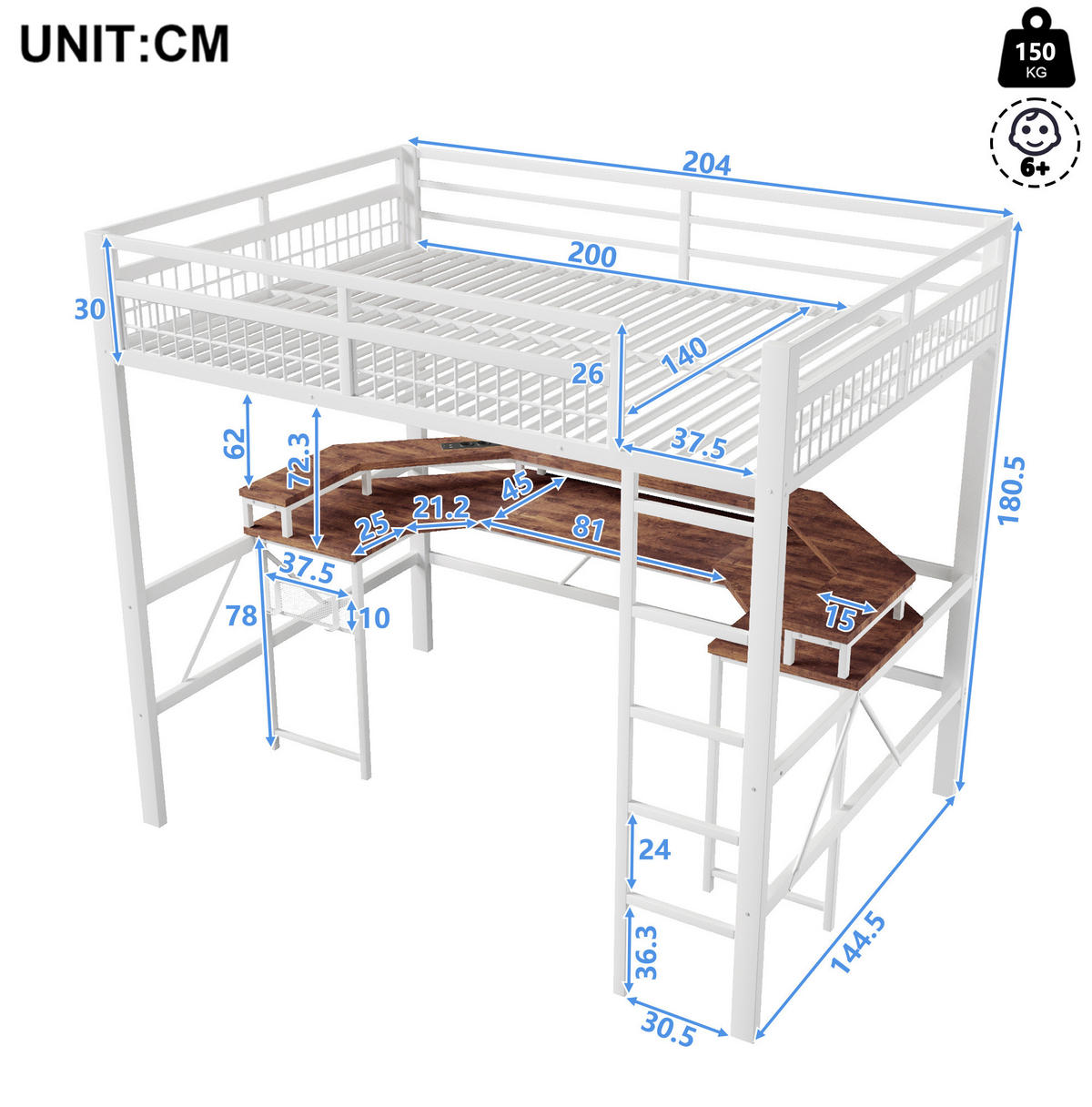 HOCHBETT 140/200 cm Weiß aus Metall mit Schreibtisch - Weiß, Metall (140/200cm) - OKMYHOME
