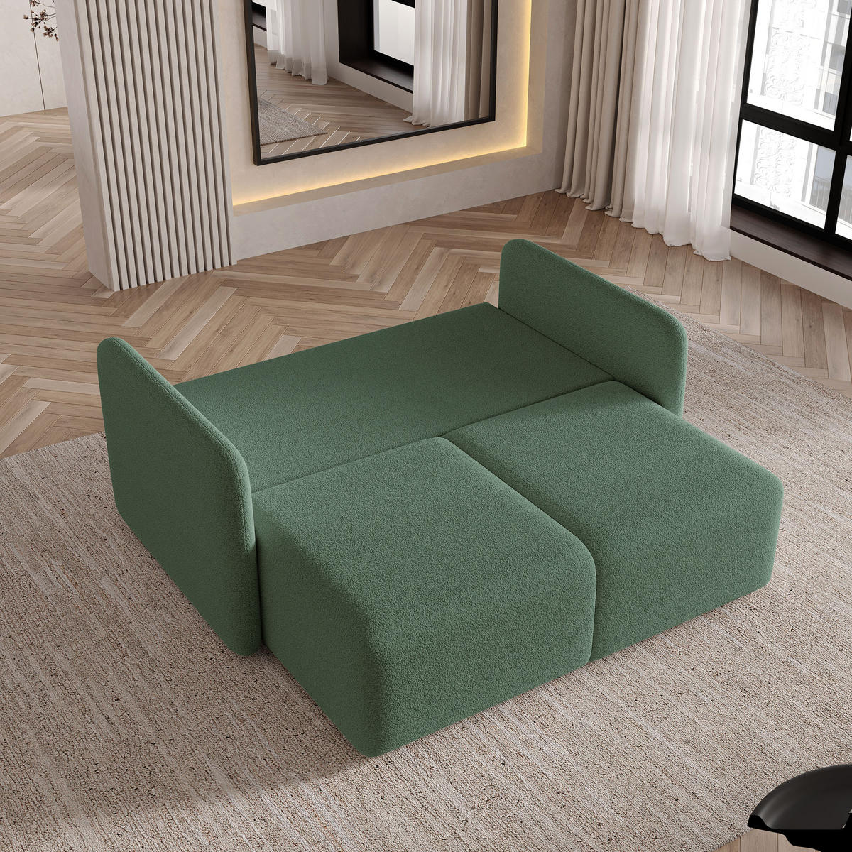 BETTSOFA SUVI II Q Grün Bucle-Stoff mit Schlaffunktion - Grün, Textil (90/85/153cm) - MASSENO