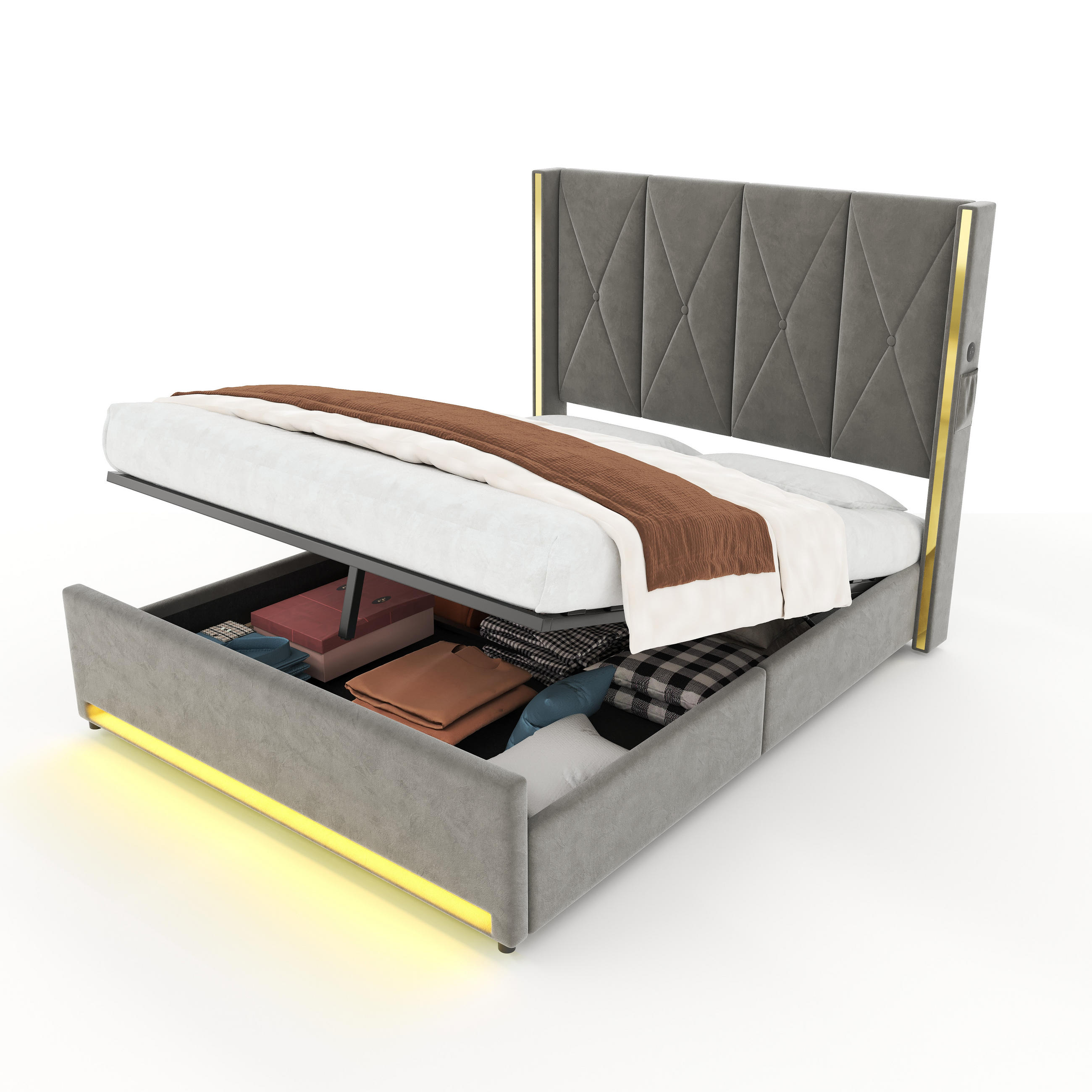 POLSTERBETT 160/200 cm in Dunkelgrau Samt mit Bettkasten, USB, LED und Seitentaschen - Dunkelgrau, Holzwerkstoff/Textil (160/200cm) - WISHDOR