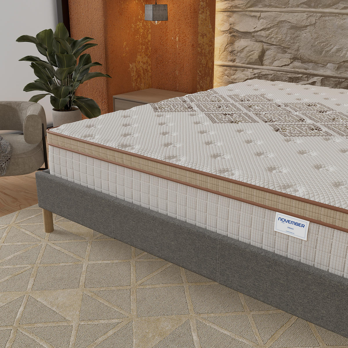 BETT und MATRATZE - 180 x 200 cm - Taschenfederkern - 28cm dick - Grau, Naturmaterialien/Eichenholz (180/200cm) - November Sleep