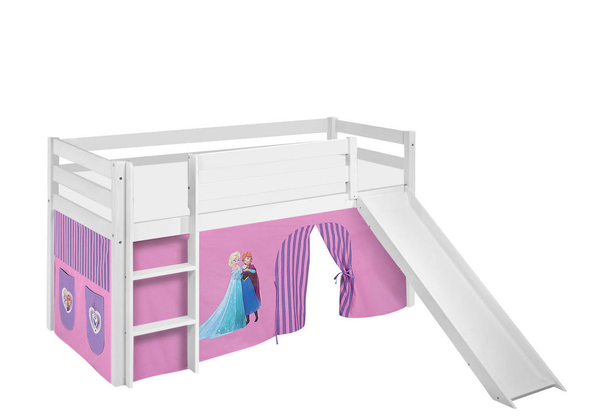 SPIELBETT JELLE Eiskönigin Lila - Hochbett - mit Rutsche und Vorhang - Weiß, Holz - Lilokids