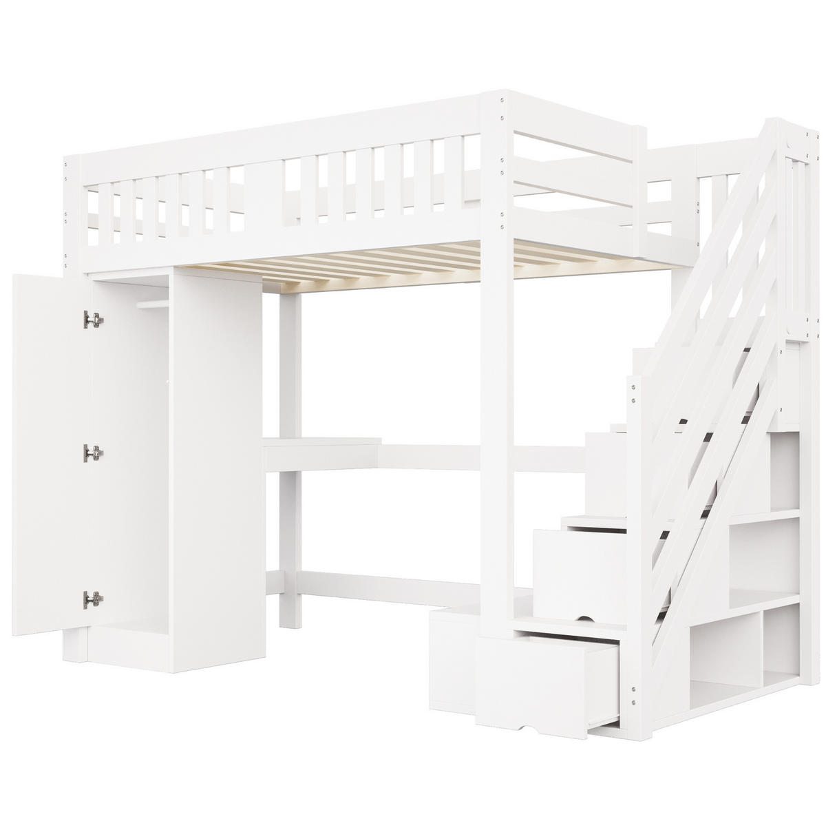 HOCHBETT 140x200 cm in Weiß mit Stauraumtreppe, Schreibtisch, Kleiderschrank und LED - Weiß, Holz (140/200cm) - IVMEU