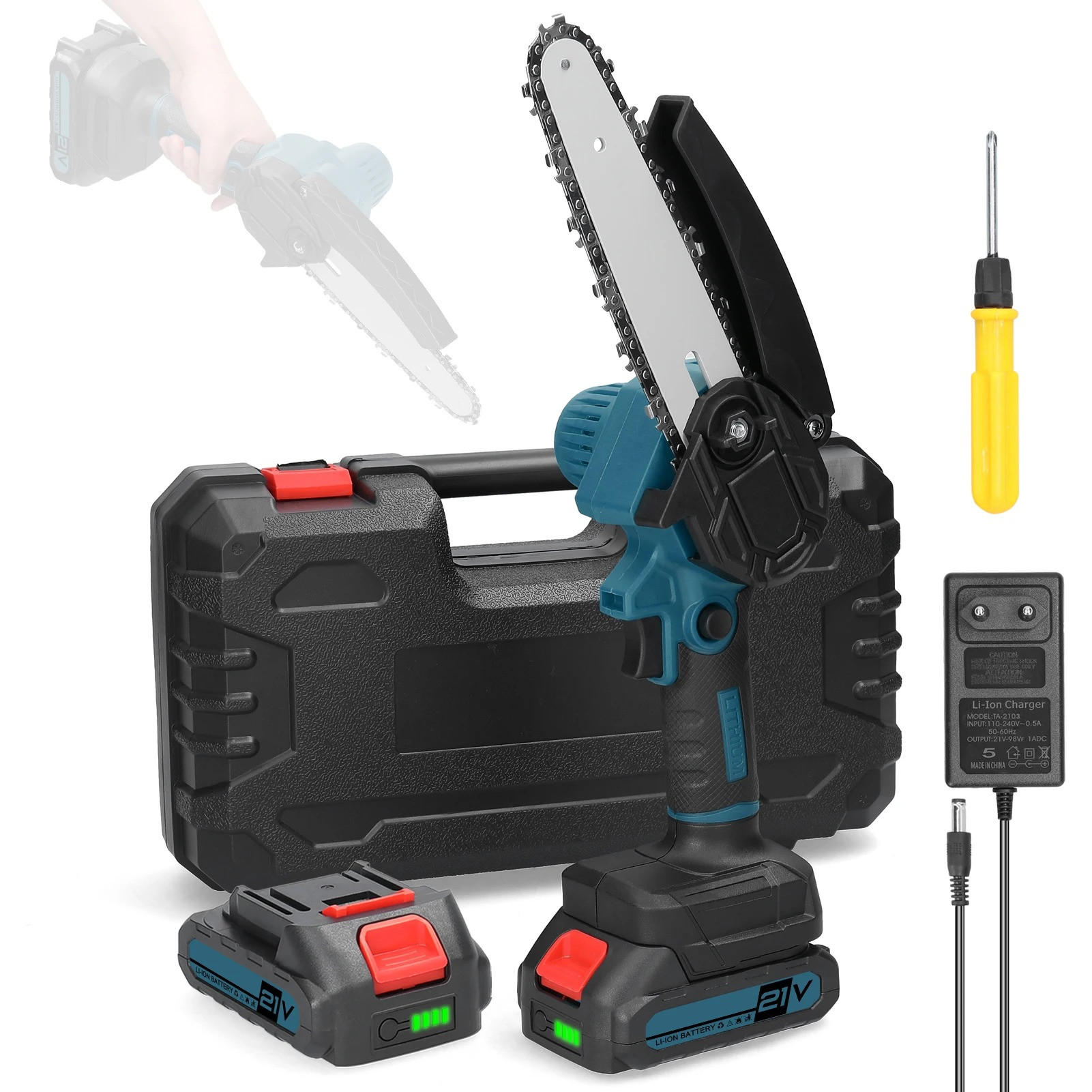 KETTENSÄGE 21V 6 Zoll tragbare elektrische für Garten Orchar Mit 2 Batterien - Blau, Metall (11/7/38cm) - Coonoor