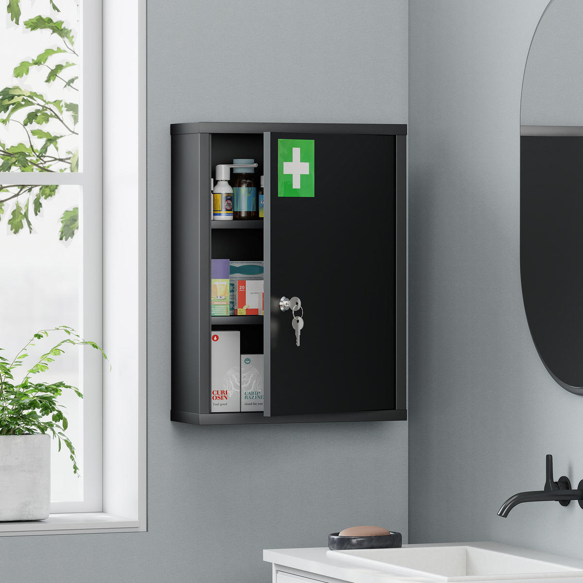 MEDIZINSCHRANK Kaltgewalzter-Stahl Schwarz - Schwarz, Metall (15/53.5/40cm) - Kleankin