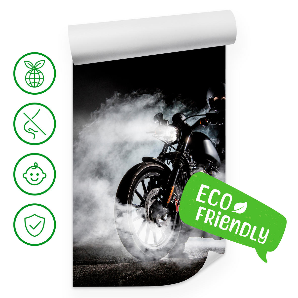 FOTOTAPETE für Jugendzimmer Motorrad Nebel Mann Straße Rauch Sport Action 200x140 - Schwarz/Weiß, Papier (200/140cm) - Muralo