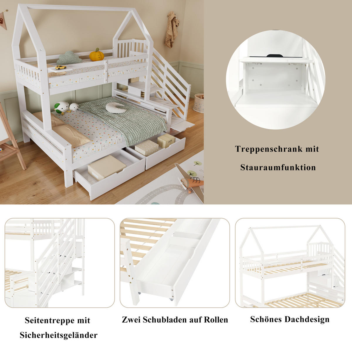 PATROVÁ dětská postel z borovice a MDF 90x200/140x200 cm bílá se schodišťovým úložným prostorem a 2 zásuvkami - bílá, kompozitní dřevo (90/200cm) - Modfu