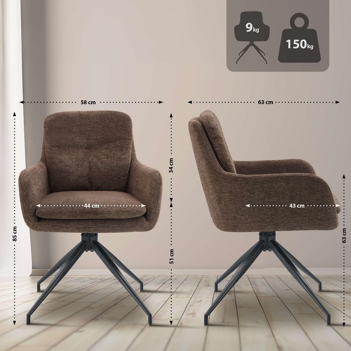 ESSZIMMERSTUHL Stoff Braun - Schwarz/Braun, Textil/Metall (58/85/63cm) - CLP