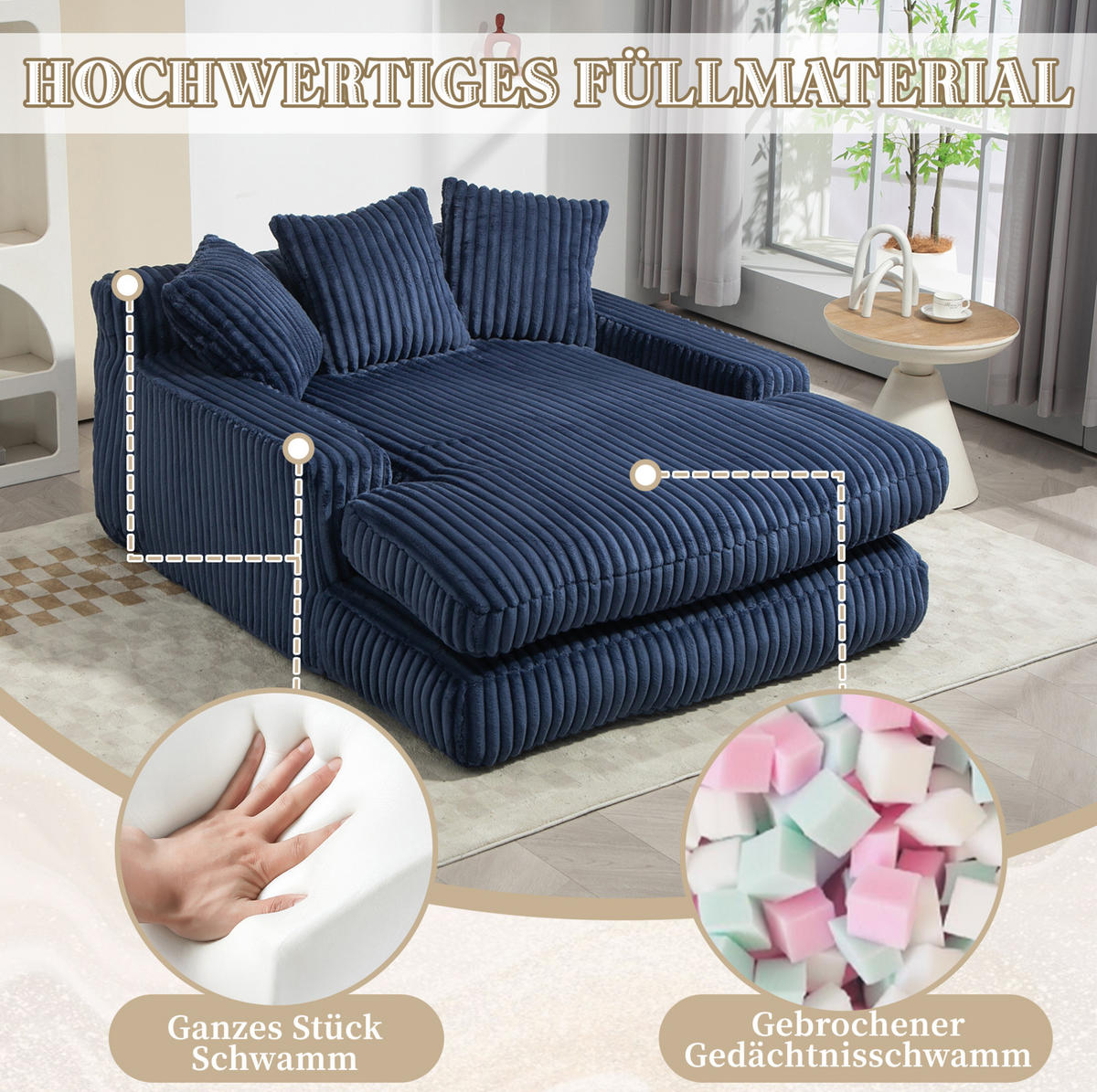 BIGSOFA Chaiselongue Cord mit 3 Kissen bodennah 125/155/63 cm Dunkelblau - Dunkelblau, Textil (63/125/155cm) - Redom