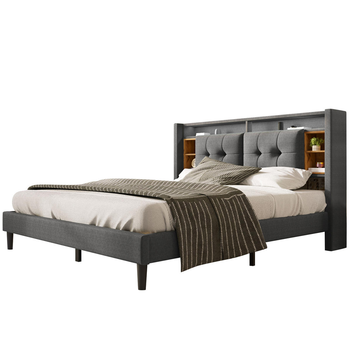 POLSTERBETT 140/200 cm Grau mit Stauraum-Kopfteil, USB-Anschluss und LED - Grau, Holz (140/200cm) - Flora Grace