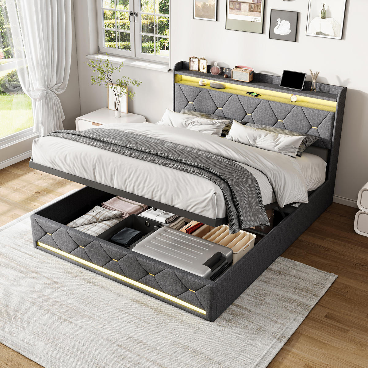 POLSTERBETT 140/200 cm Grau mit hydraulischem Stauraum, LED-Kopfteil mit Ladefunktion und Lattenrost - Grau, Metall (140/200cm) - EuroLiving