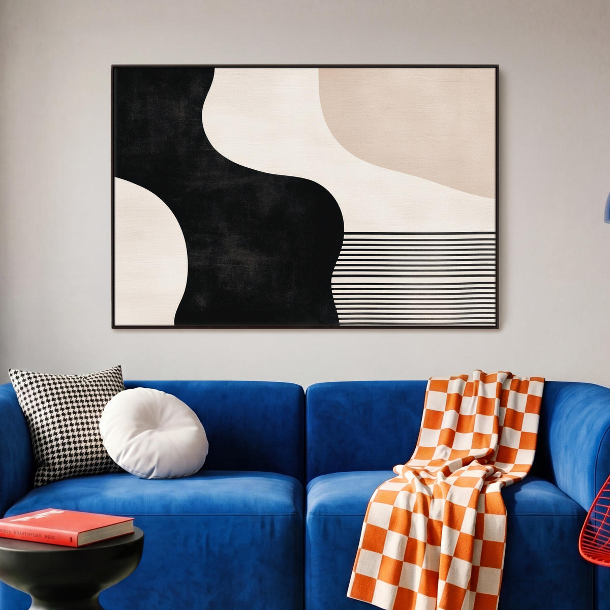 LEINWAND Bilder mit Rahmen - Abstrakt - Japandi - Beige - Modern - 90x60 - Schwarz, Textil (90/60cm) - MuchoWow