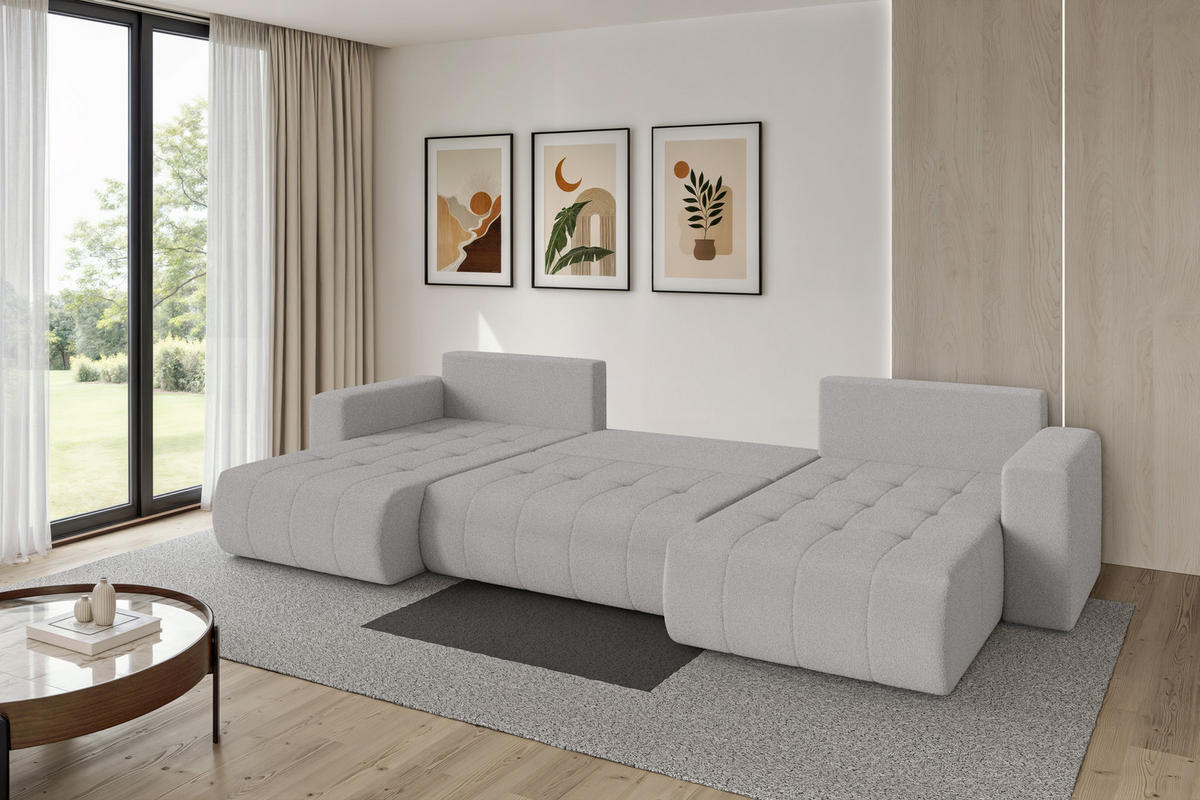 SEDACÍ SOUPRAVA DO U s funkcí spaní a úložným prostorem MILA-U 378x194x86 světle šedá bouclé - černá/stříbrná, kompozitní dřevo/textil (378/86/194cm) - ALTDECOR