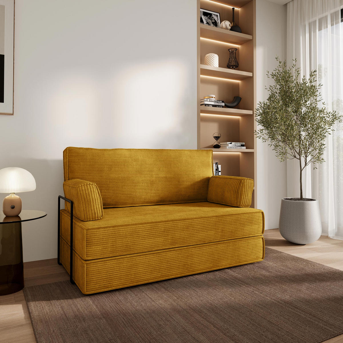 BETTSOFA LADIA aus Schaumstoff Cordstoff Gelb Schlaffunktion - Gelb, Textil (140/86/60cm) - MASSENO