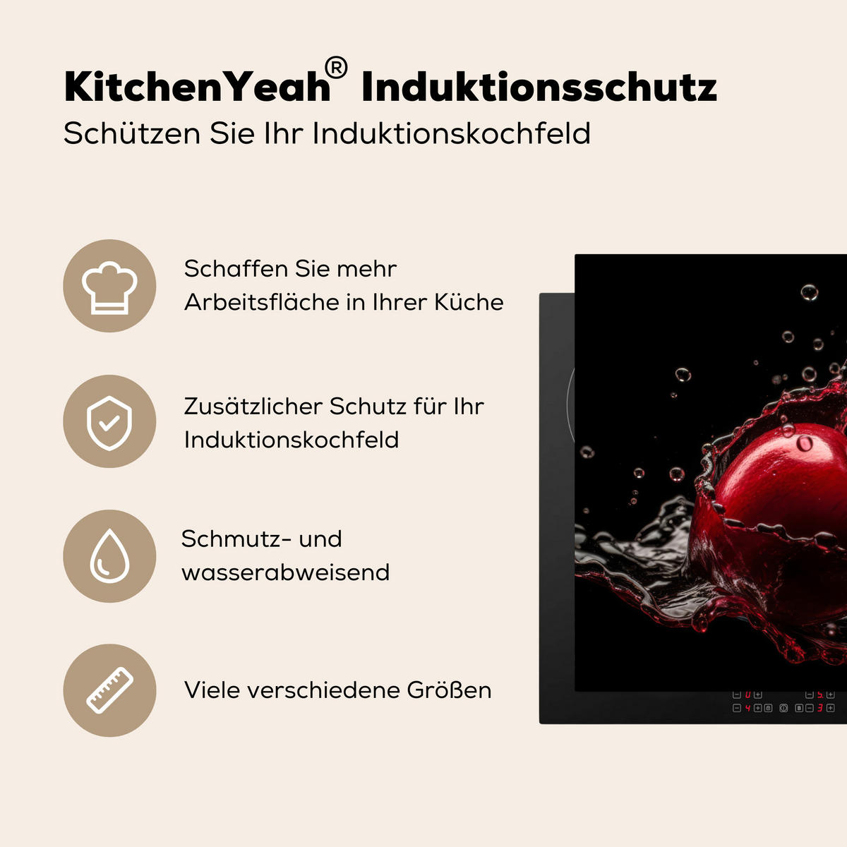 HERDABDECKPLATTE Kirsche - Rot - Frucht - Wasser - Schwarz Herdabdeckung Induktionsfeld 75x52 cm - Kirschrot, Kunststoff (75/52/0.2cm) - MuchoWow