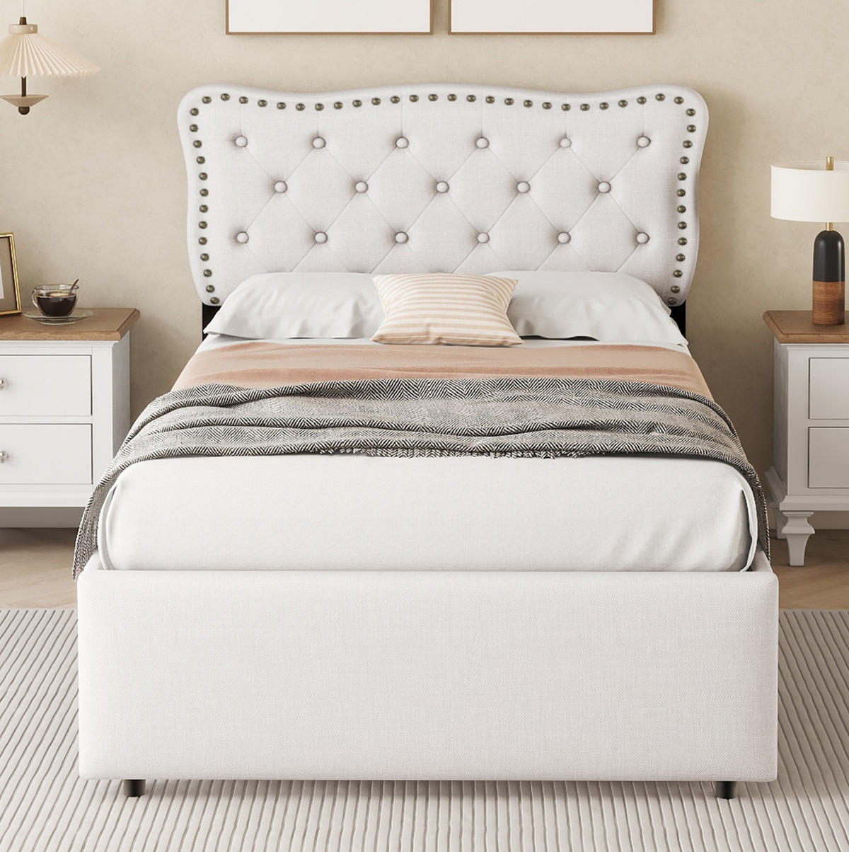 POLSTERBETT 90/200 cm Hellbeige mit 2 Schubladen und verstellbarem Kopfteil - Beige, Textil (90/200cm) - Flora Grace