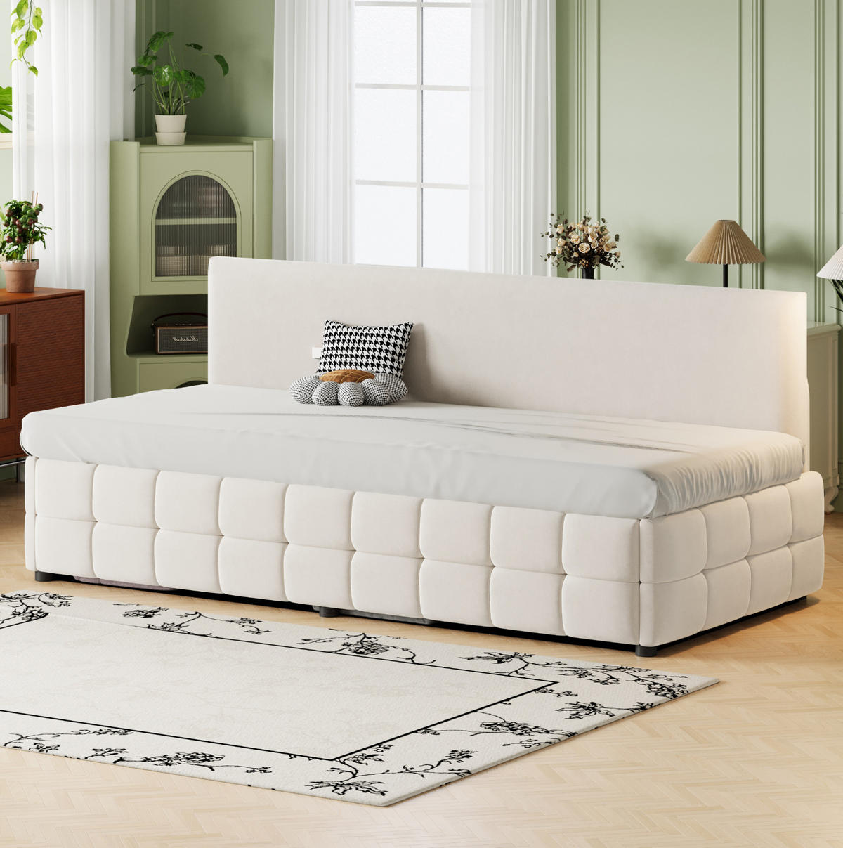 POLSTERBETT Schlafsofa 90x200 cm Beige aus Samt mit hydraulischem Stauraum und Rückenlehne - Beige, Textil (90/200cm) - IVMEU