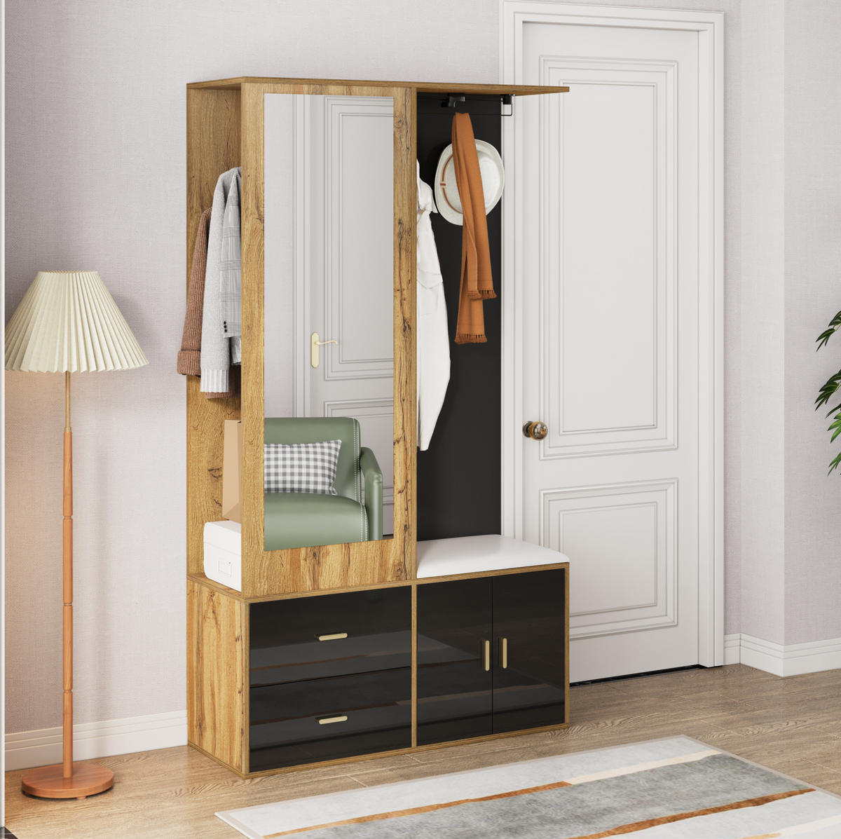 GARDEROBE mit Spiegel und Schuhbank 100 x 38 x 180 cm Schwarz Holzoptik - Schwarz, Holzwerkstoff (38/180/100cm) - Beauniv