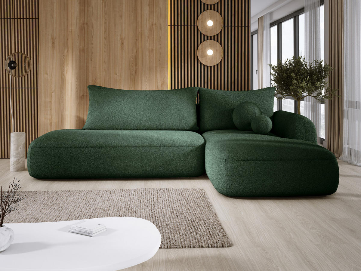 ECKSOFA BABU mit Schlaffunktion, Moderne Polsterecke für Wohnzimmer, funktionales Schlafsofa im Stoff NOW OR NEVER, 300x105x60cm rechte, grün​ - Waldgrün, Holz/Textil (300/190cm) - DomoHome