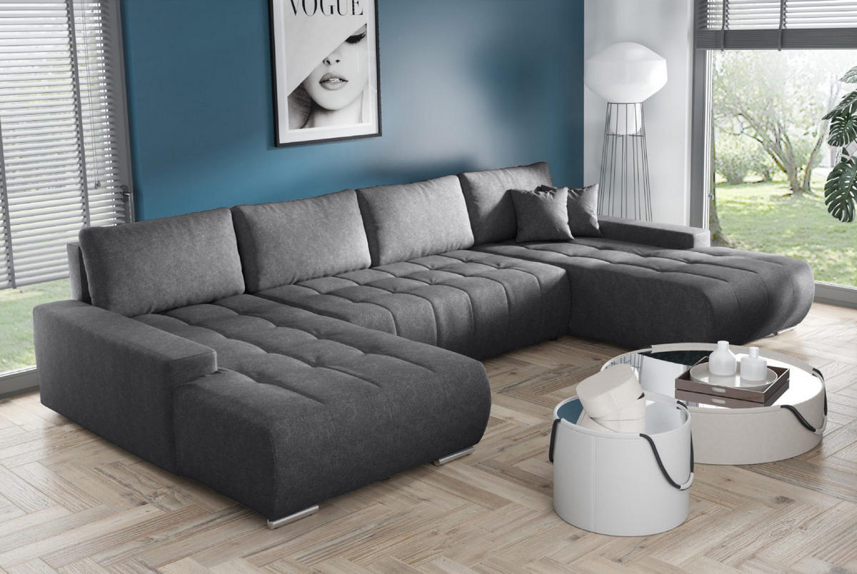 WOHNLANDSCHAFT mit Schlaffunktion Dhaka U, Grau - Grau, Textil (185/85/350cm) - Fedve