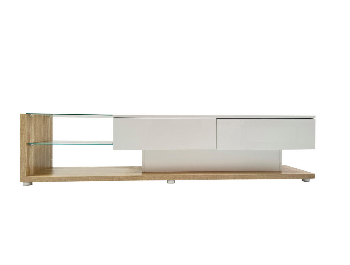 TV-LOWBOARD aus Spanplatte 170x36x38 cm Weiß Hochglanz mit LED-Beleuchtung, 2 Schubladen und Glasböden - Weiß, Holzwerkstoff (170/38/36cm) - Modfu